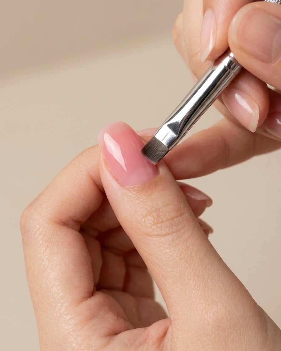 Un pincel aplicando una capa de esmalte gel rosa nude traslúcido sobre una uña con el centro tipo blush curado.