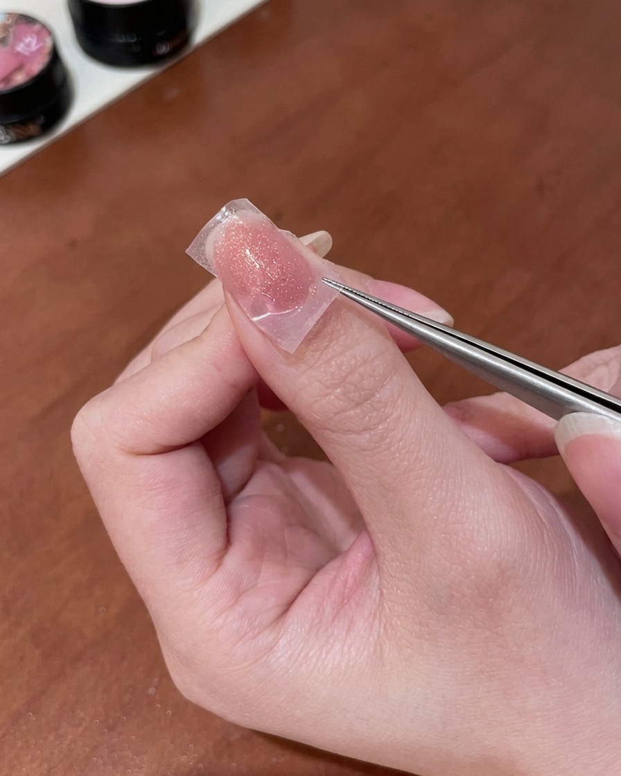 Una persona usando pinzas metálicas finas para levantar cuidadosamente una pegatina transparente de una uña rosa nude, revelando una delicada forma de mariposa dorada.