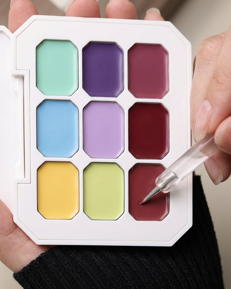 Una herramienta de puntos aplicando gel de color desde una paleta al centro de una uña.