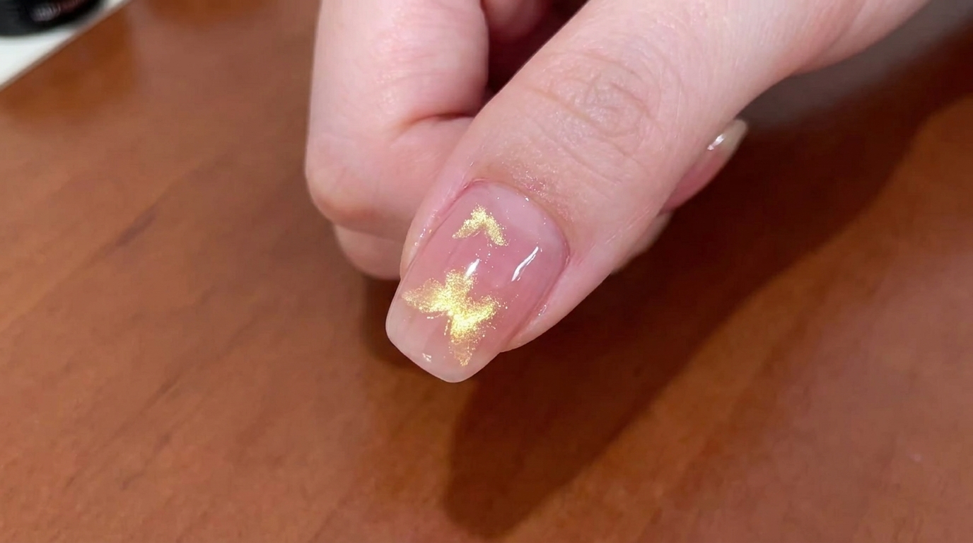 Un pincel aplicando un top coat mate transparente sobre una uña, mostrando la transición de un acabado brillante a uno suave y mate.