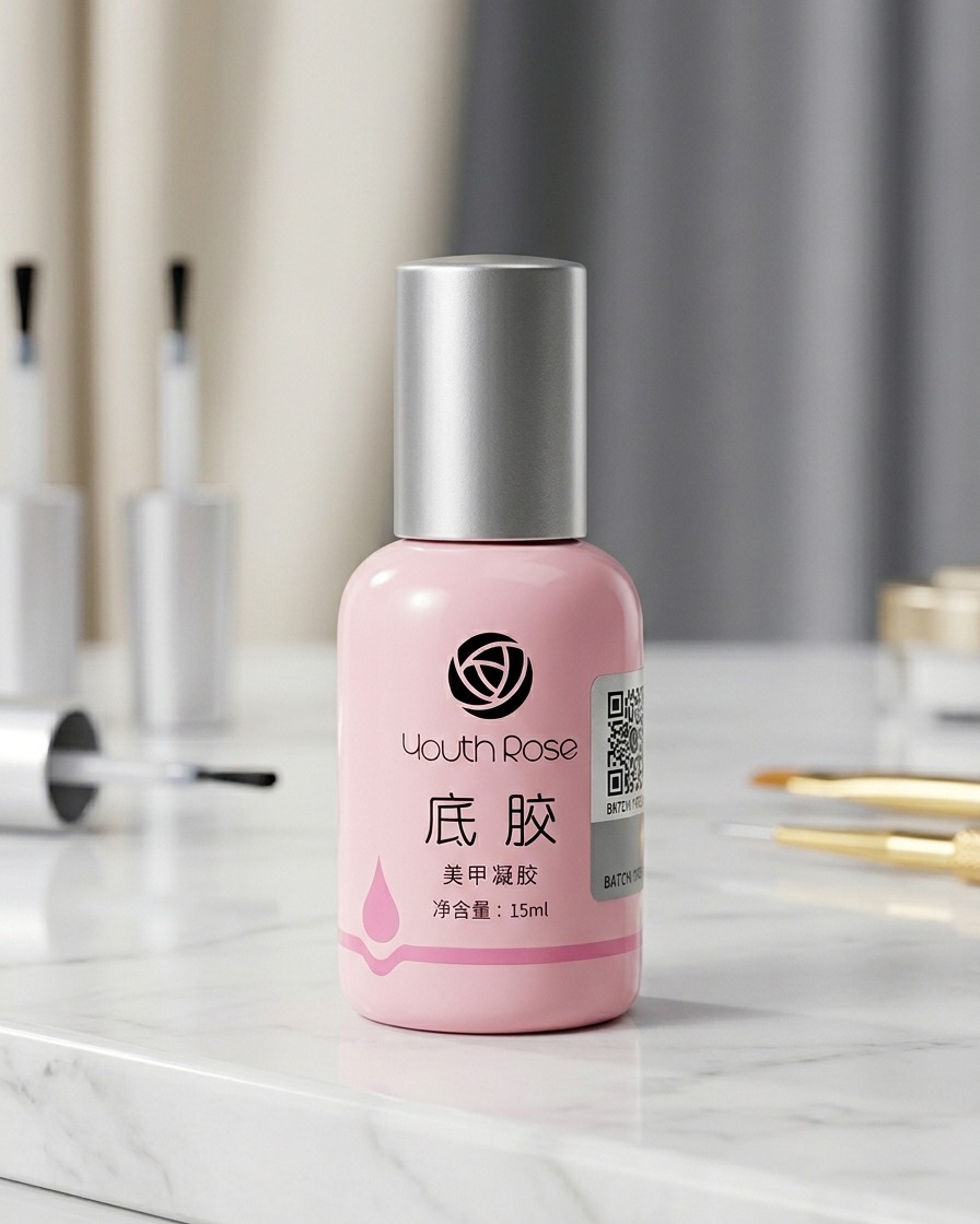 Primer plano de un pincel de uñas aplicando una pequeña cantidad de gel rubor rojo en el centro de una uña previamente esmaltada.