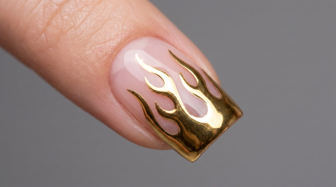 Diseño de Uñas con Llamas Cromadas en Oro — Tutorial Metálico