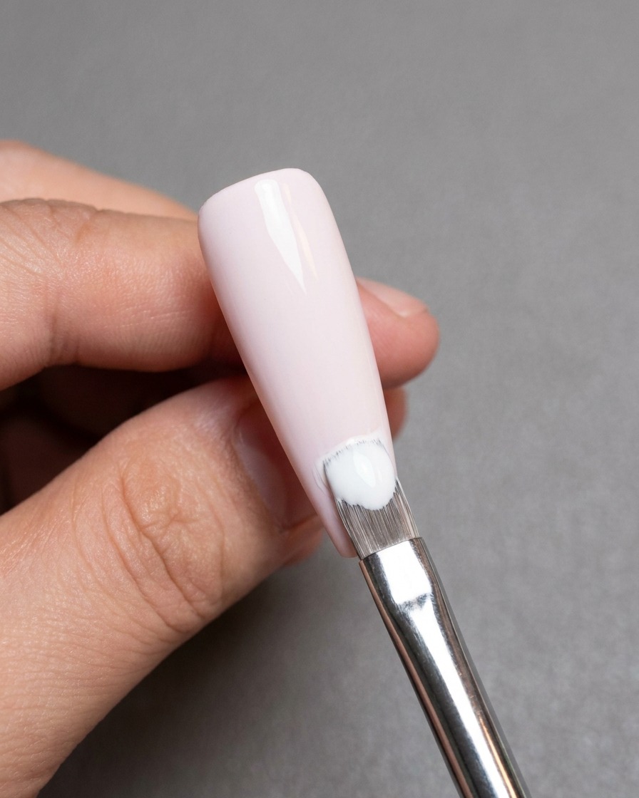 Un pincel aplicando una capa suave de esmalte en gel rosa claro sobre una uña.