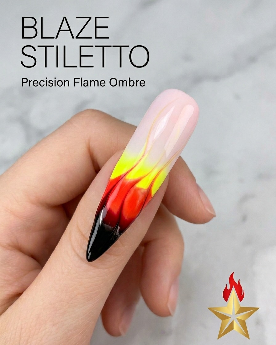 Primer plano de una uña stiletto con un diseño de llamas terminado, mostrando un degradado detallado desde el negro en la punta hasta el amarillo.