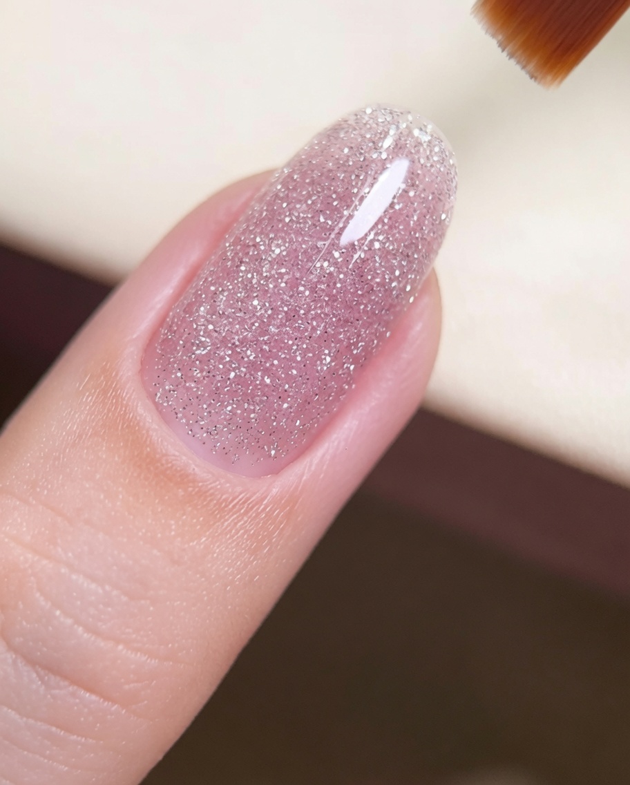 Un pincel aplicando una capa final de top coat sobre una superficie de uña brillante.