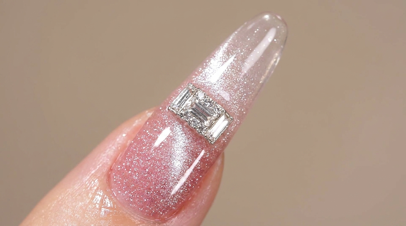 Uñas Ombré con Glitter Rosa y Efecto Ojo de Gato con Charms