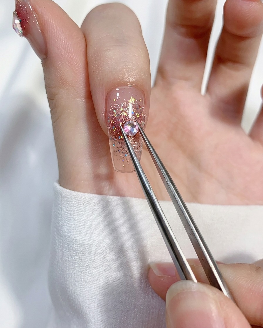 Un par de pinzas colocando un pequeño cristal rosa en forma de corazón sobre una uña decorada con glitter.