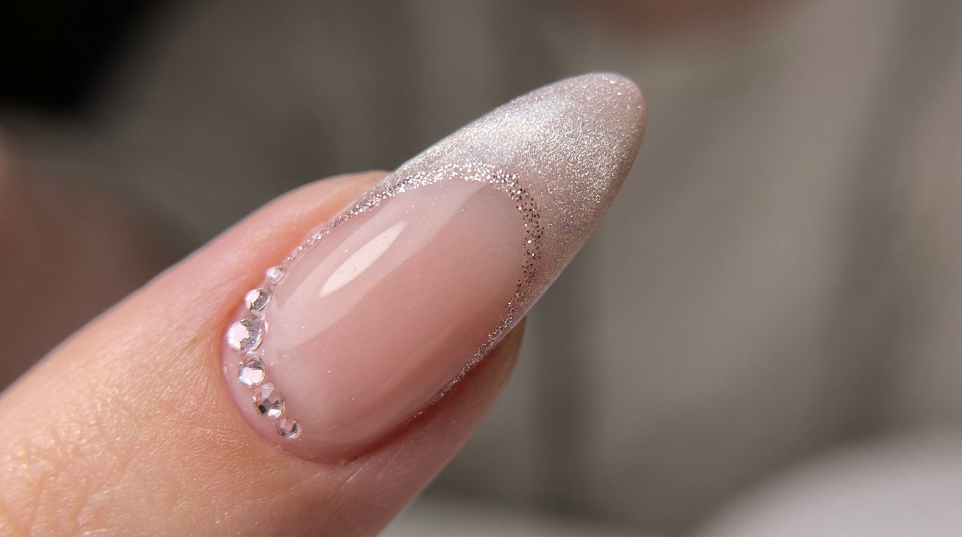 Manicura Francesa con Efecto Cat-Eye y Detalles de Brillo