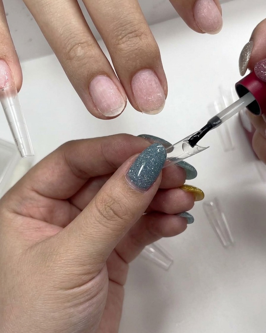 Un pincel aplicando gel adhesivo transparente en la parte interna de un tip de uña transparente.