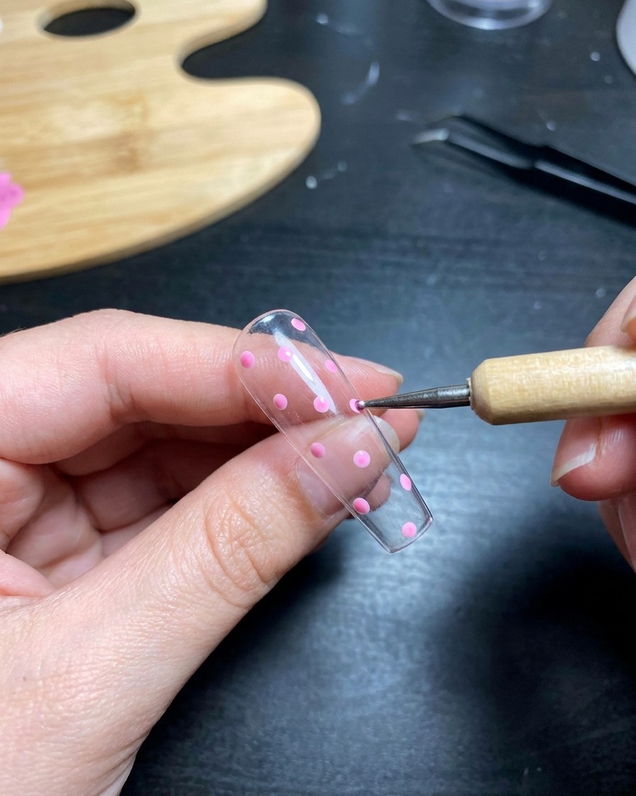 Primer plano de una mano con arte de uñas de lunares posicionada dentro de una lámpara UV para uñas.
