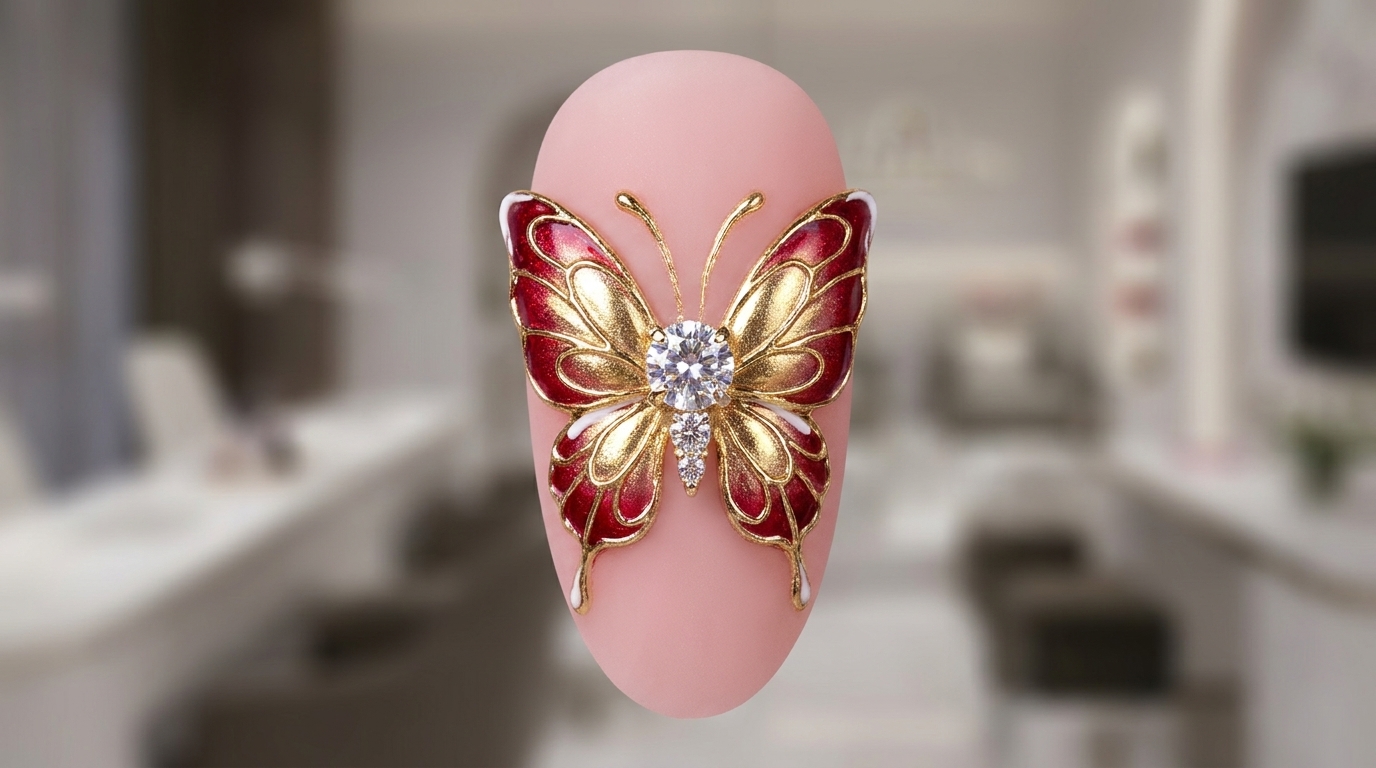 Diseño de Uñas 3D con Mariposa Roja — Tutorial Elegante para Año Nuevo