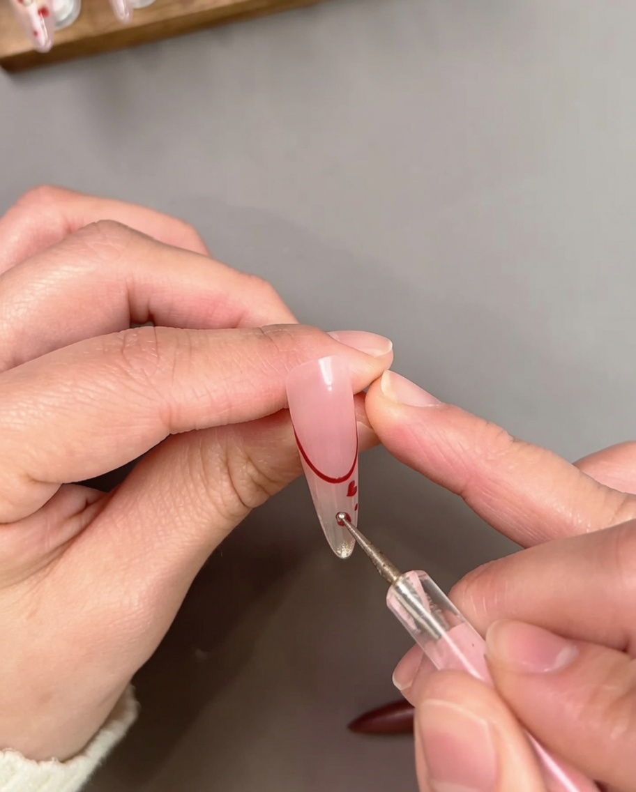 Herramienta de puntos aplicando pequeños lunares de gel rojo sobre una uña nude con punta francesa roja y detalles de corazón.