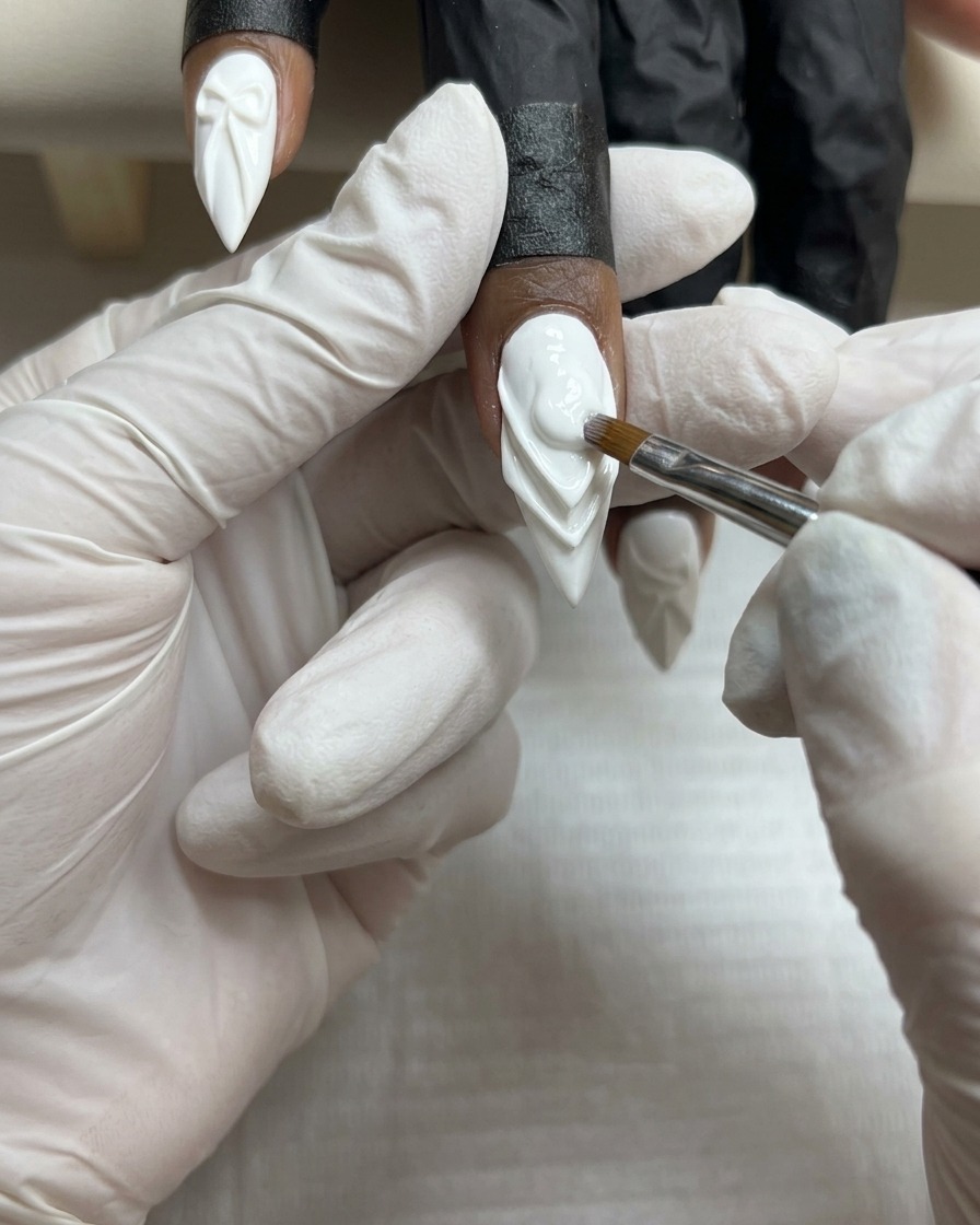 Un pincel de uñas refinando una segunda capa de esmalte en gel blanco opaco sobre una uña.