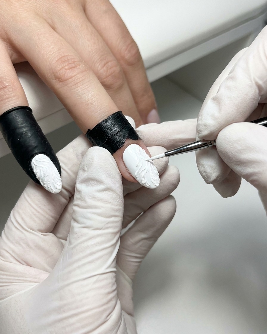 Un pincel de detalle tirando cuidadosamente del gel de esculpido blanco para formar una forma triangular sobre la superficie de la uña.