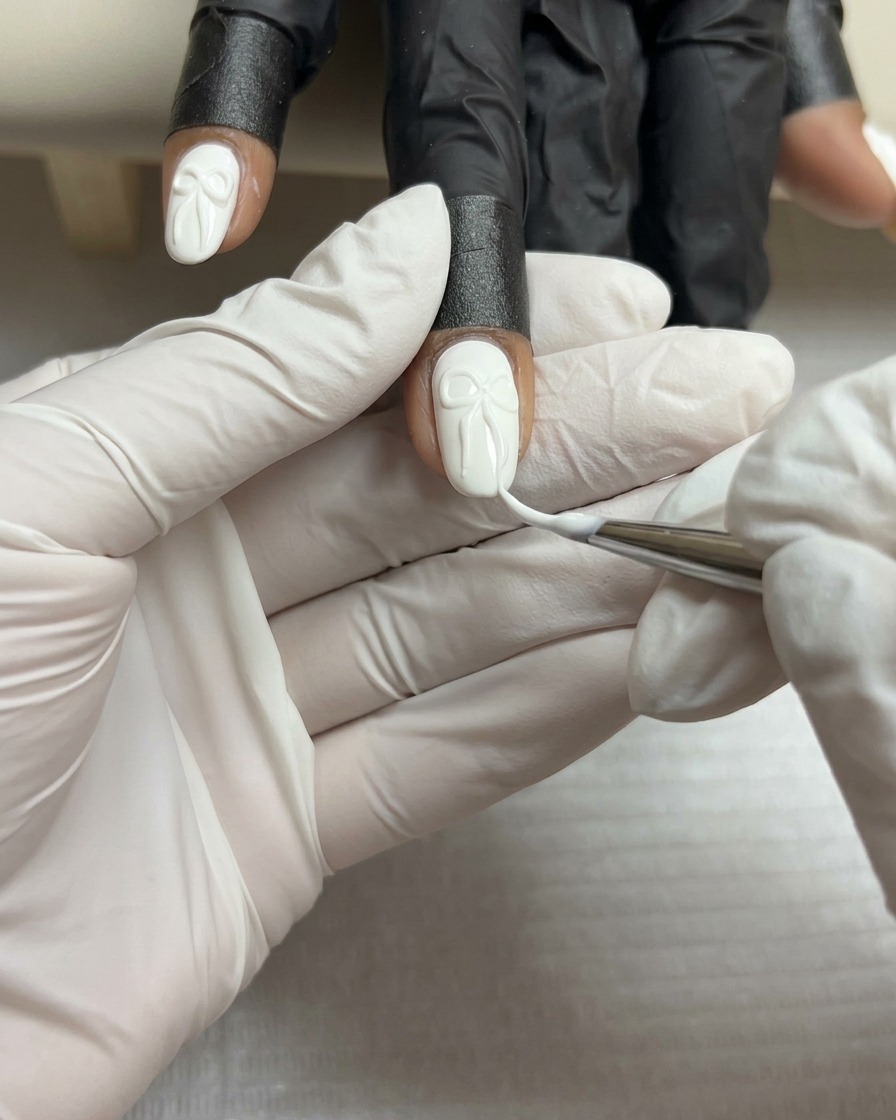 Primer plano de un pincel delineador fino añadiendo líneas blancas delgadas a la superficie de un lazo de gel 3D sobre una uña blanca.