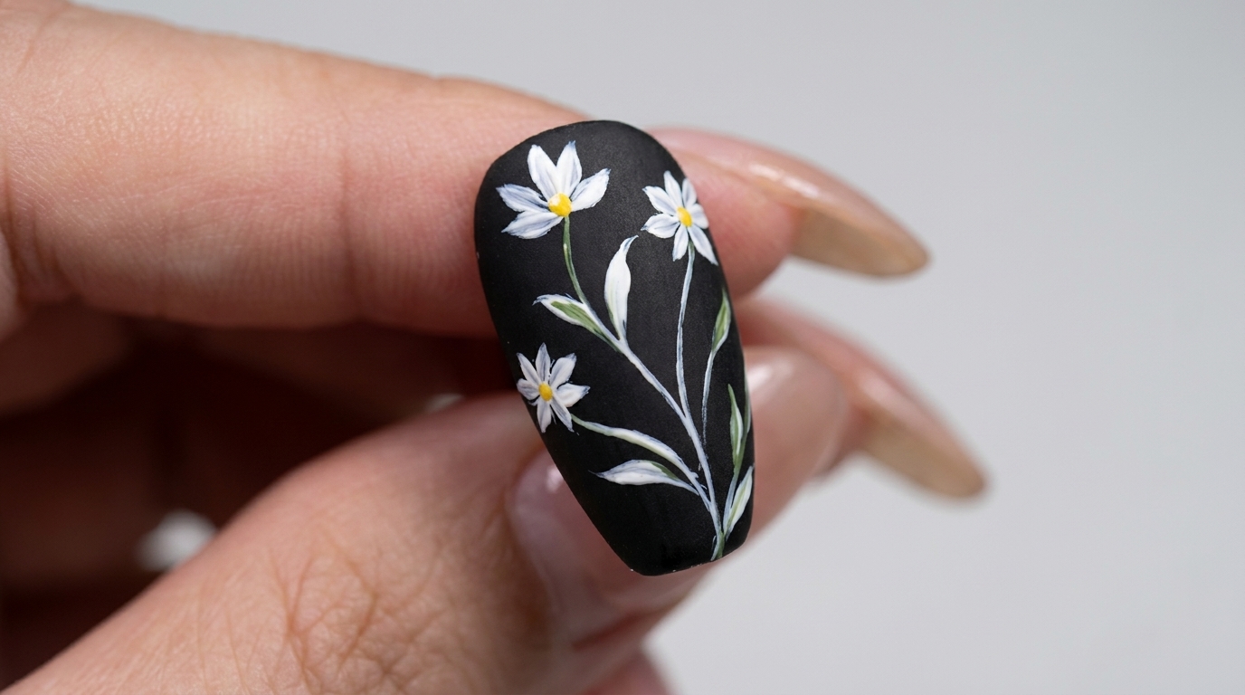 Diseño de Uñas con Margaritas sobre Base Negra Mate — Tutorial para Principiantes