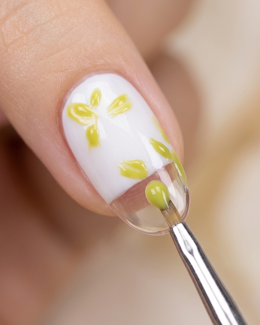 La uña con el diseño de hojas verdes pintado siendo posicionada para el curado bajo una lámpara de uñas.