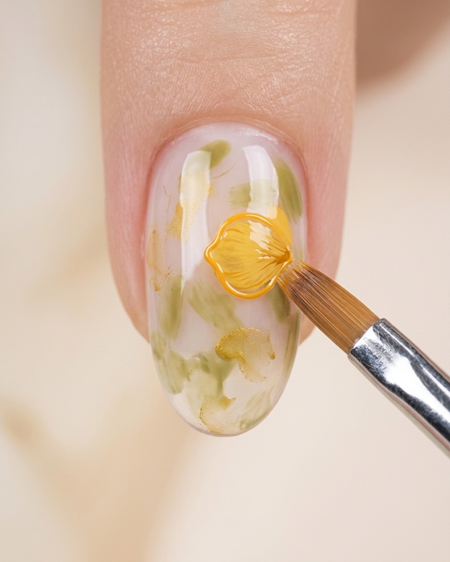Primer plano de una uña con contornos de hojas verdes, donde un pincel con gel amarillo-naranja está pintando los pétalos de las flores.