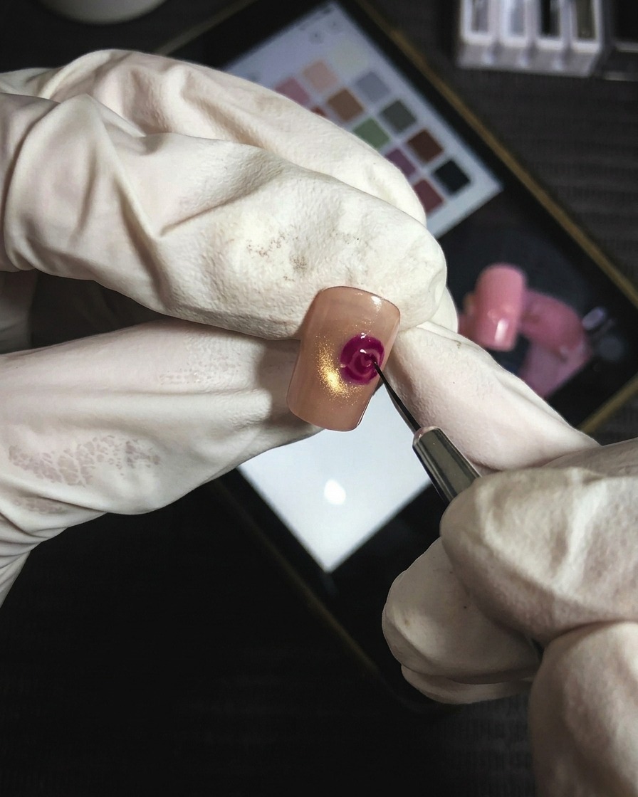 Pincel fino añadiendo líneas precisas de gel magenta para definir las capas.