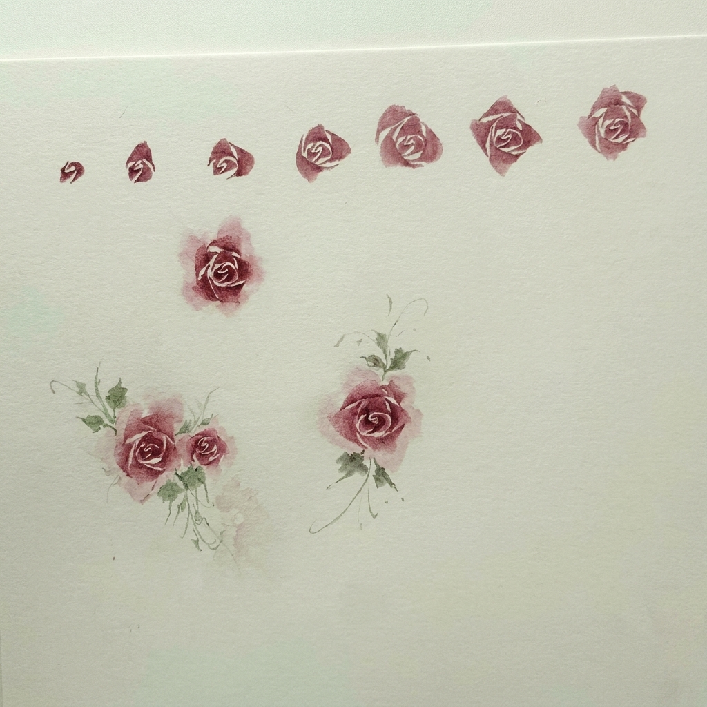 Primer plano de un pincel de acuarela aplicando una pequeña forma de media luna rosa intenso sobre papel blanco.