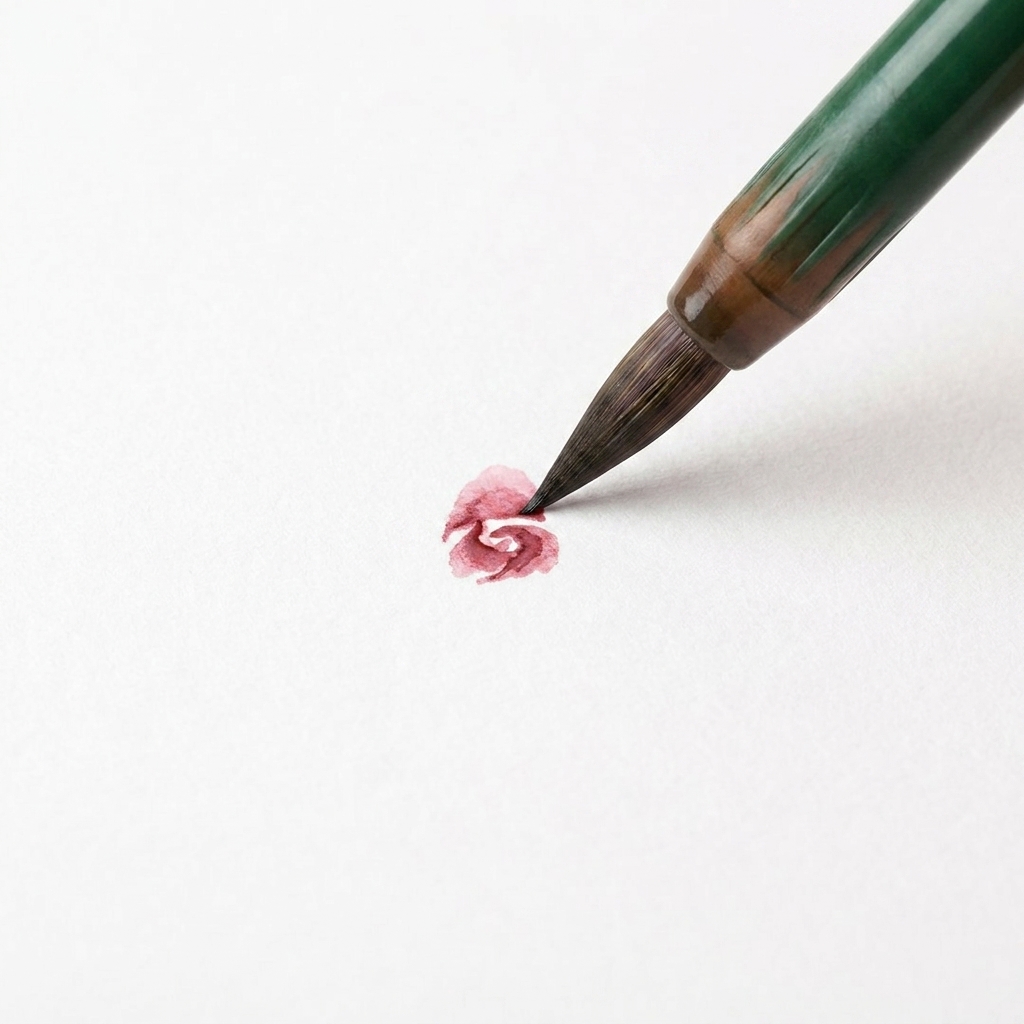 Una pequeña flor de acuarela sobre papel con una nueva capa de pétalo rosa añadida en la sección superior derecha.