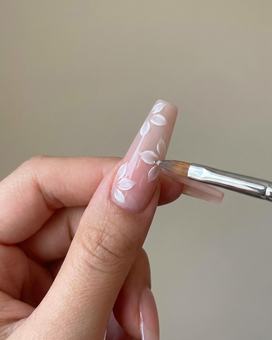 Un pincel liner fino añadiendo una segunda capa de pétalos de gel blanco sobre el diseño mate existente.
