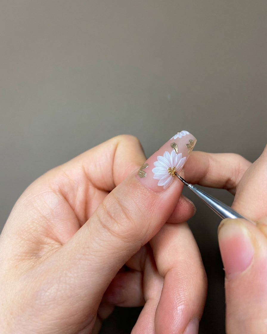 Una mano posicionada dentro de una lámpara UV/LED profesional con la luz curando la manicura terminada.