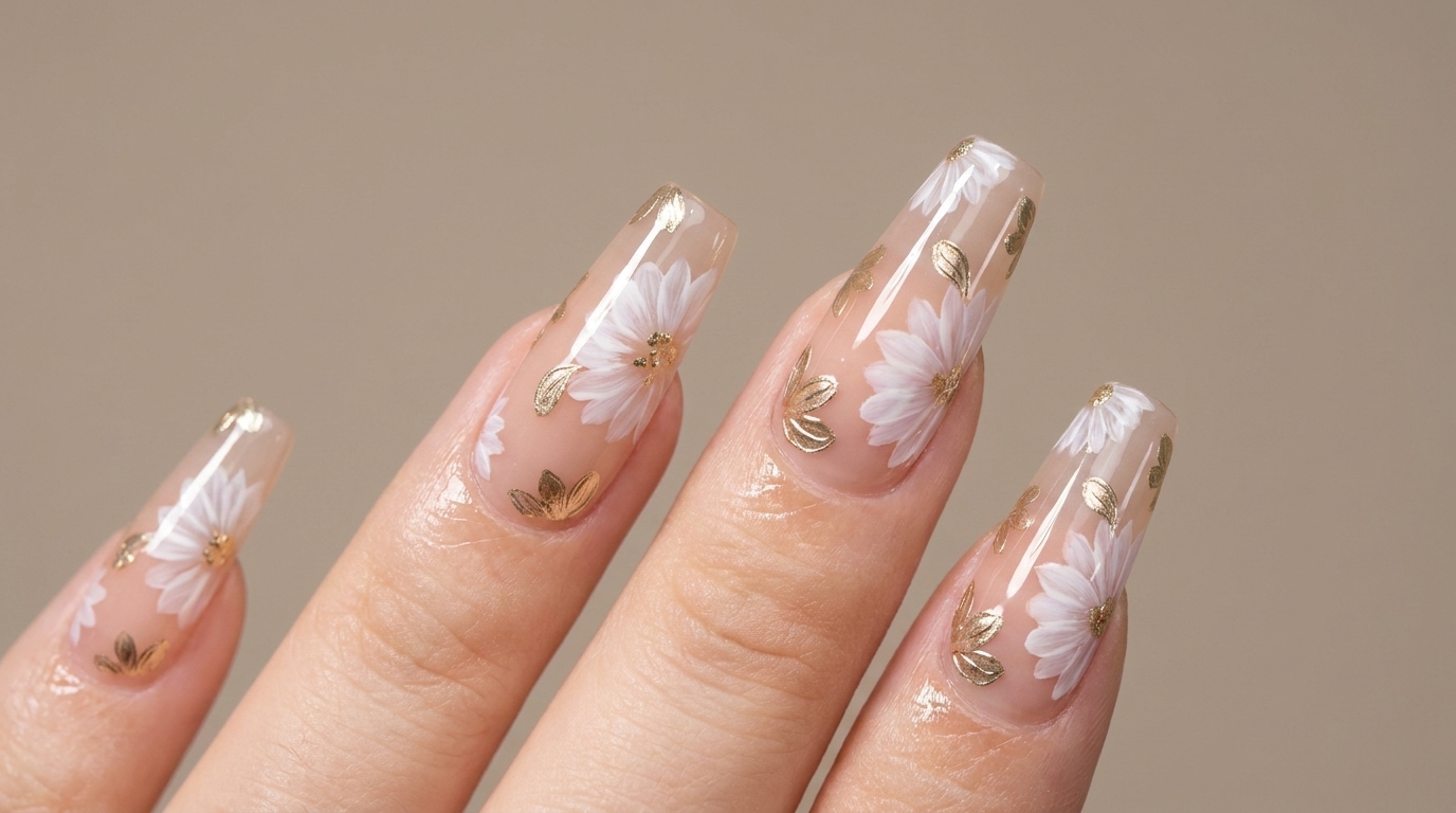 Diseño de Uñas con Margaritas y Efecto Chrome Dorado — Tutorial Paso a Paso