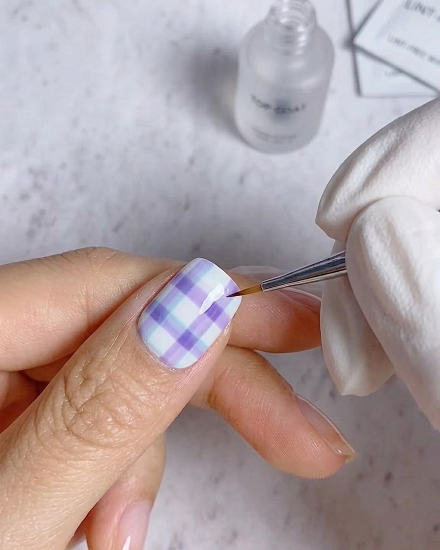 Una mano con uñas terminadas y decoradas descansando dentro de una lámpara de uñas UV profesional para el curado final.