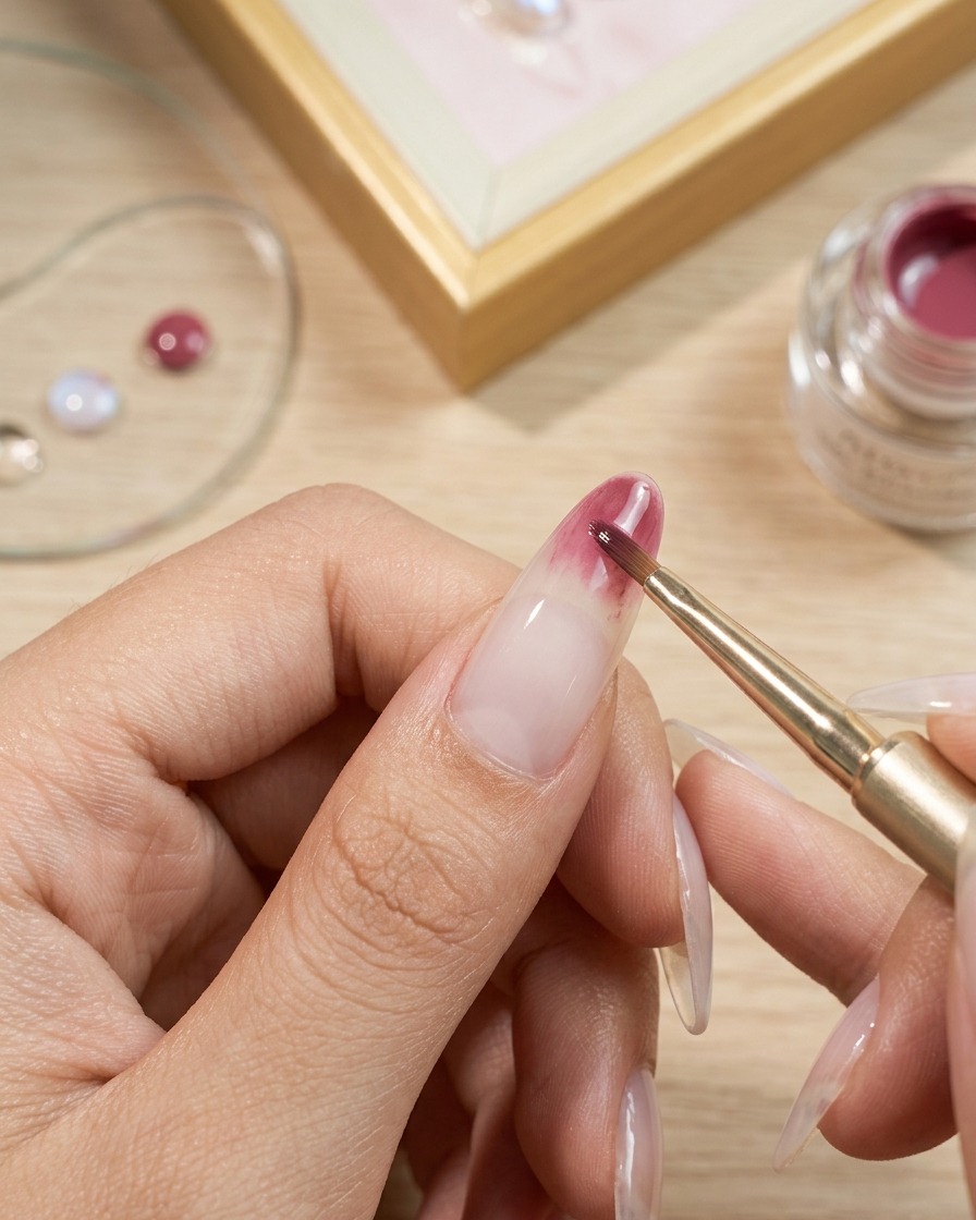 Un pincel de gel aplicando color rosa en la punta de la uña, difuminándolo hacia la cutícula.