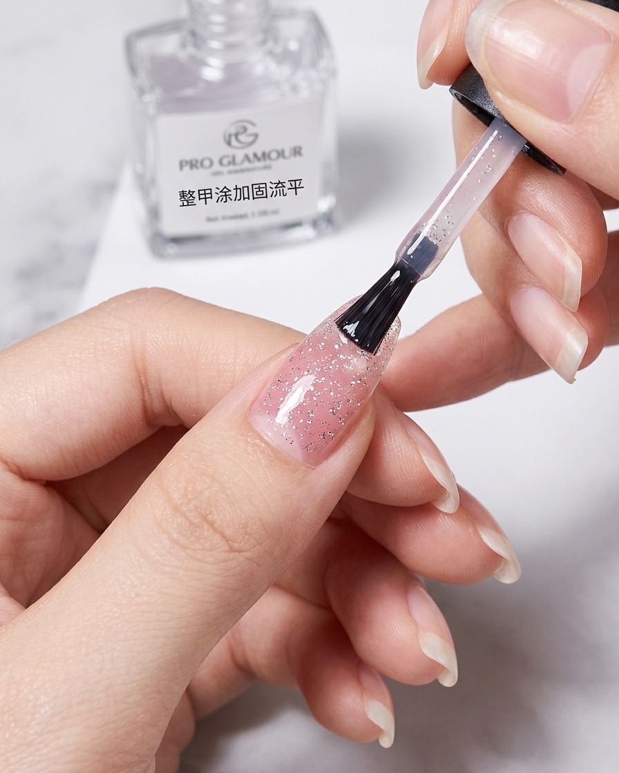 Un pincel aplicando top coat transparente sobre el diseño terminado.