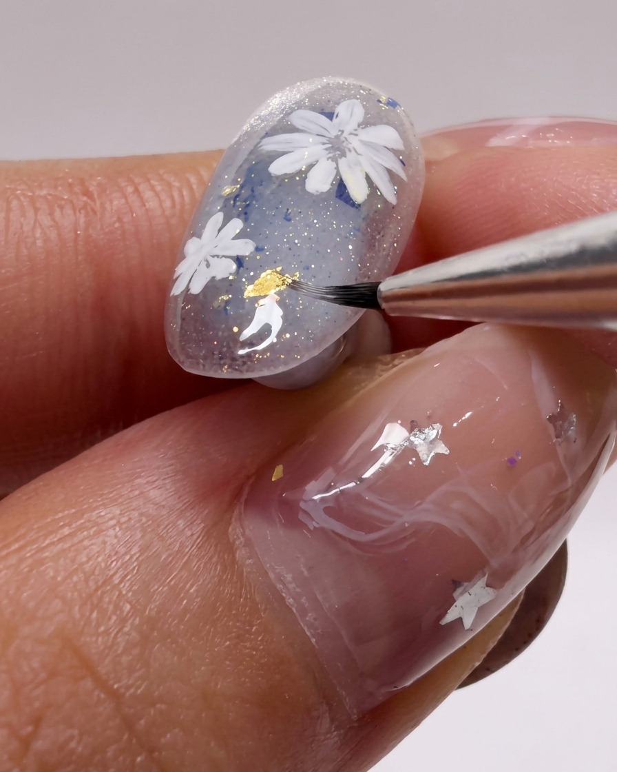 Toma macro de un pincel de arte en uñas añadiendo detalles finos a los pétalos de margaritas blancas sobre una uña con glitter.