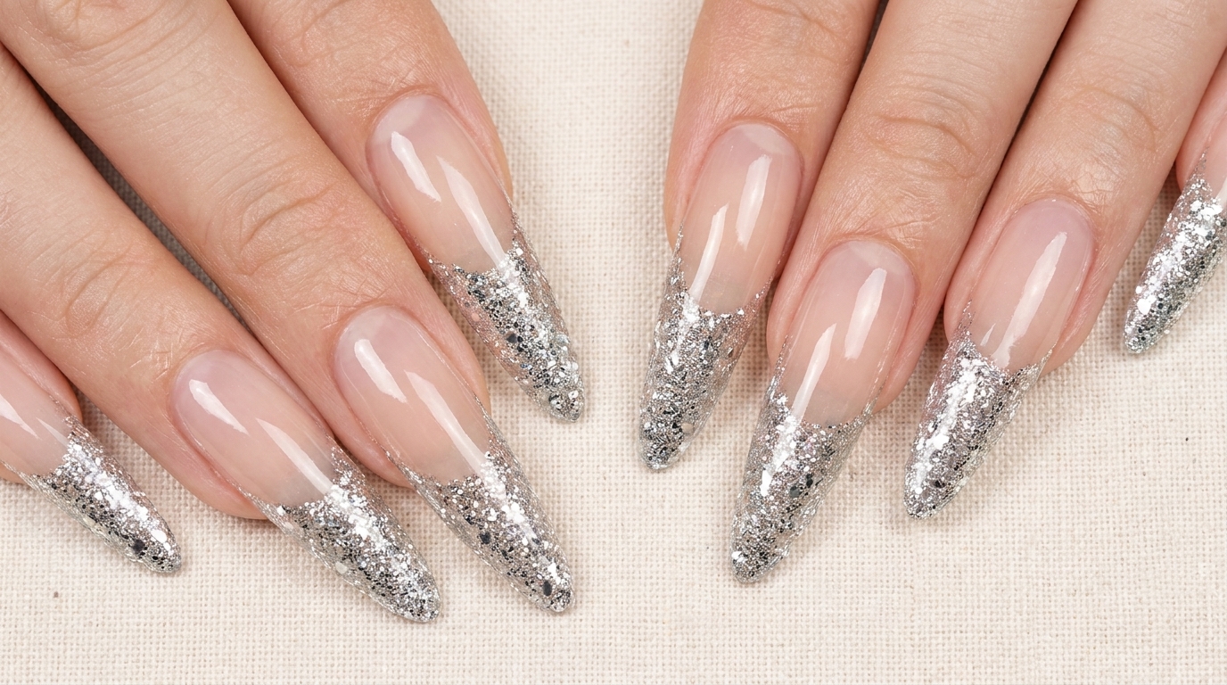 Extensiones de uñas con punta francesa y glitter plateado — Tutorial paso a paso