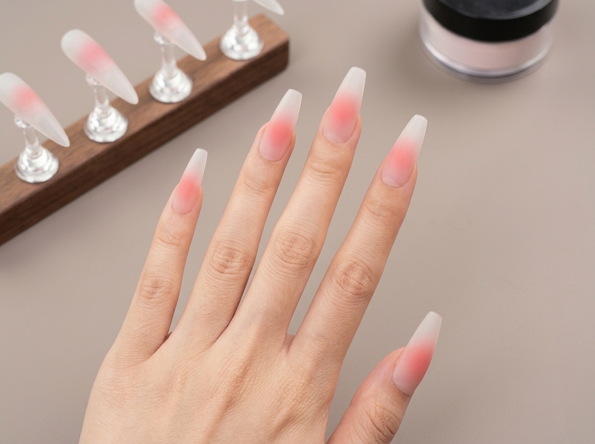 Primer plano de uñas almendradas con un efecto de rubor en degradado rosa suave que comienza en las puntas.
