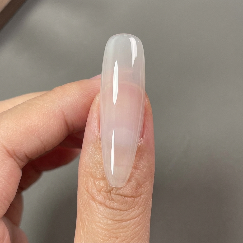 Un pincel aplicando un top coat transparente y brillante sobre una uña.