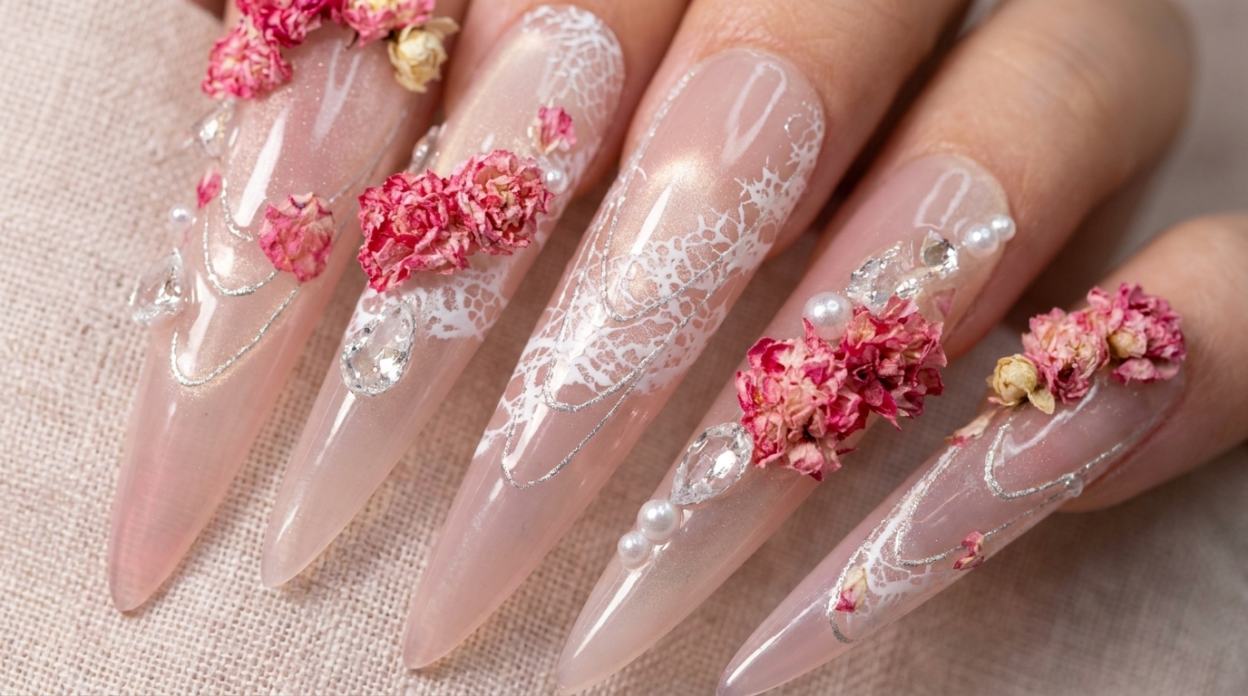 Uñas Stiletto Tiptoe Rose — Tutorial de Encaje y Flores Secas