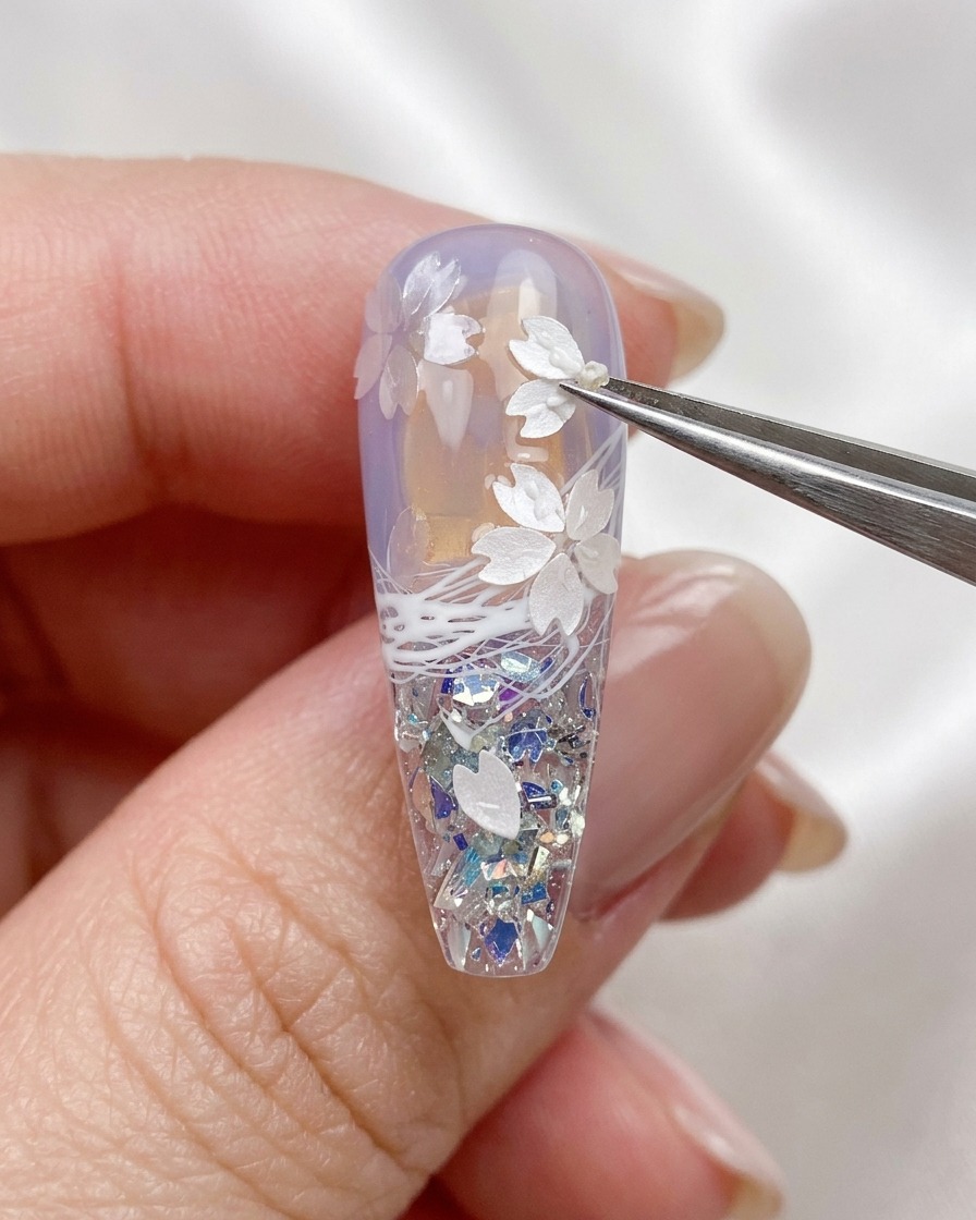 Un primer plano de unas pinzas colocando una pequeña cuenta de acero color dorado sobre la superficie de una uña decorada con lentejuelas de flores de cerezo.