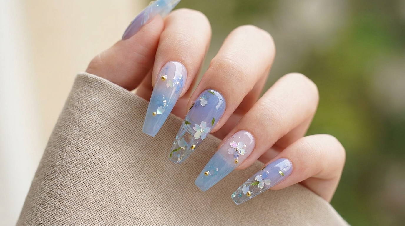 Uñas con Degradado Azul y Flores de Cerezo — Tutorial Paso a Paso