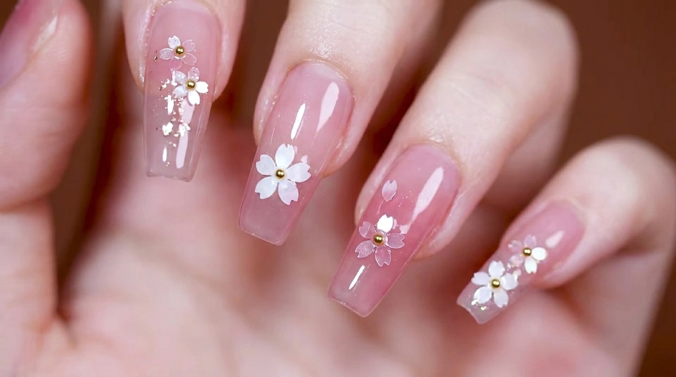 Uñas con degradado blooming en rosa suave adornadas con delicadas lentejuelas de flores de cerezo y detalles de cuentas metálicas doradas.