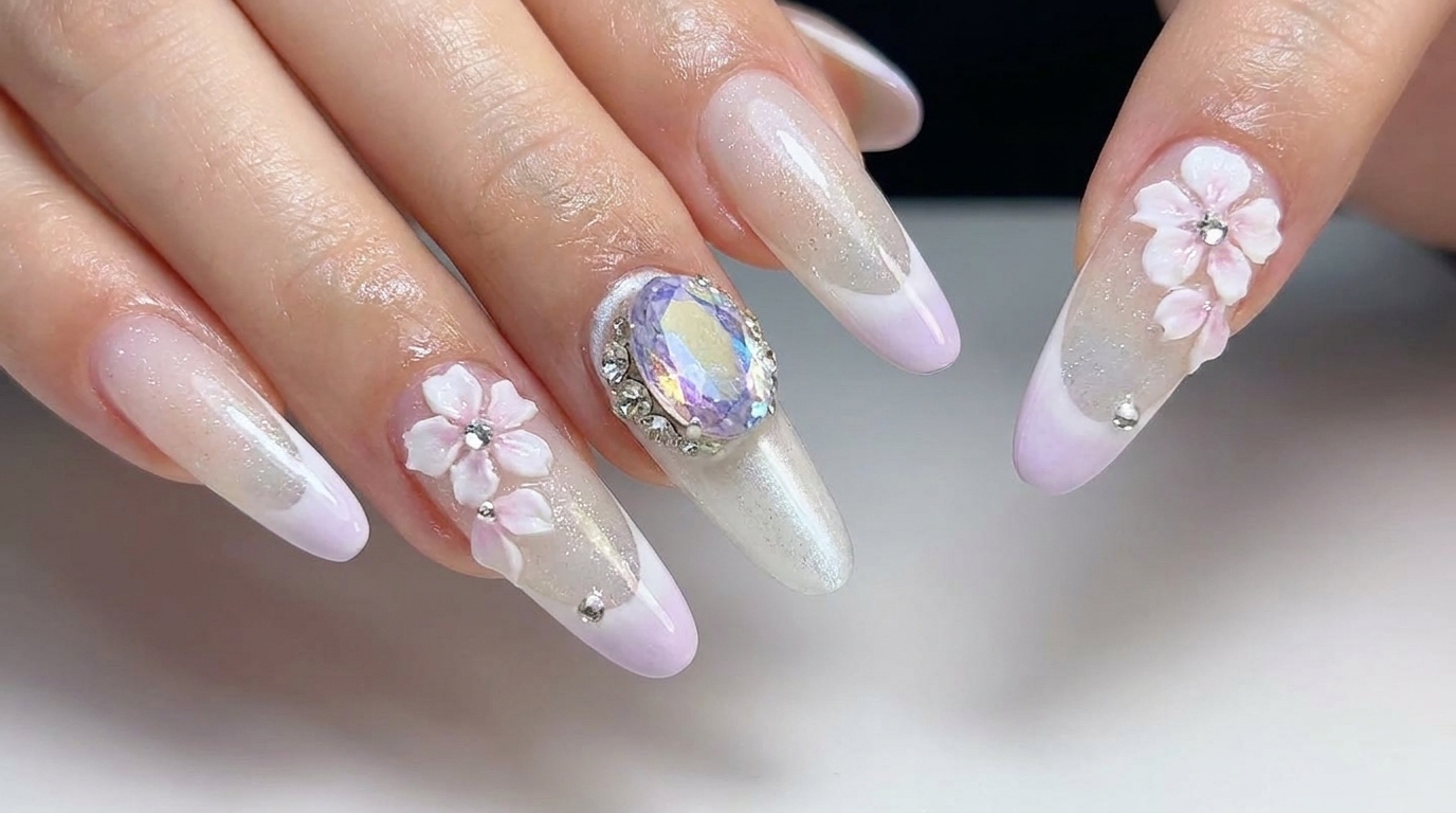 Uñas Milky Purple con Efecto Cat-Eye y Flores en 3D