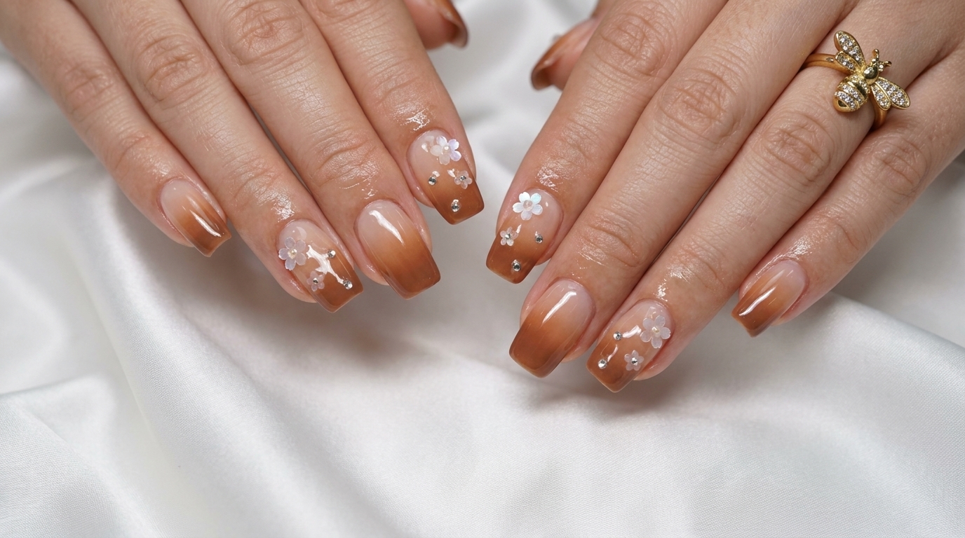 Uñas degradadas estilo Milk Tea con flores de cerezo — Tutorial paso a paso