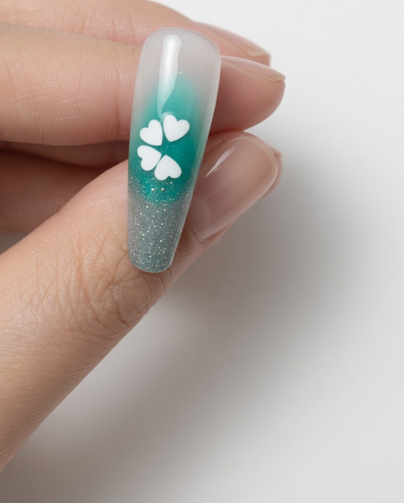 Primer plano de una uña mostrando el diseño de flor con lentejuelas completo, listo para ser puesto bajo una lámpara para curar.
