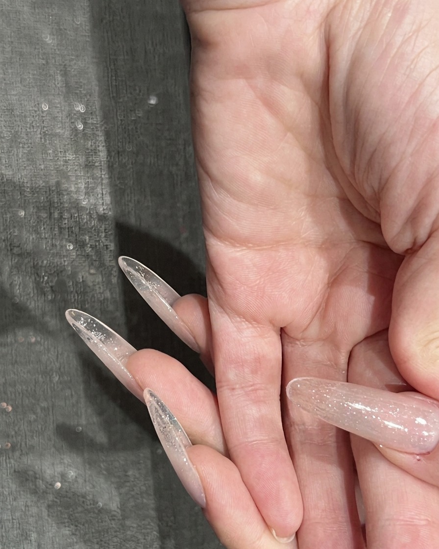 Un pincel aplicando una capa final de top coat brillante sobre un diseño de uñas terminado con estrellas y gemas.