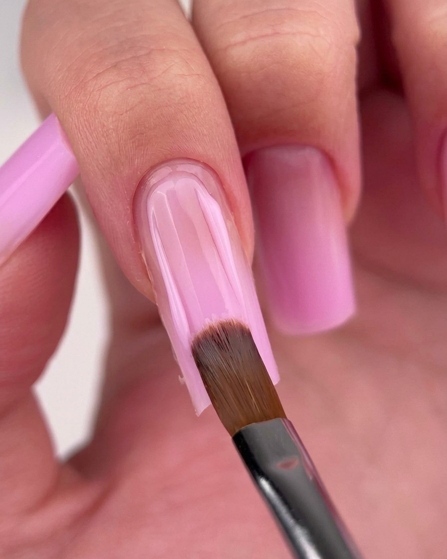 Un pincel aplicando esmalte de gel rosa en la mitad inferior de una uña.
