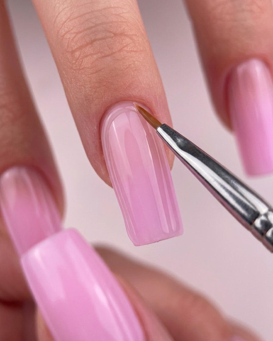 Primer plano de un pincel de detalle fino aplicando top coat brillante a lo largo de la cutícula de una uña de gel cuadrada y rosa.