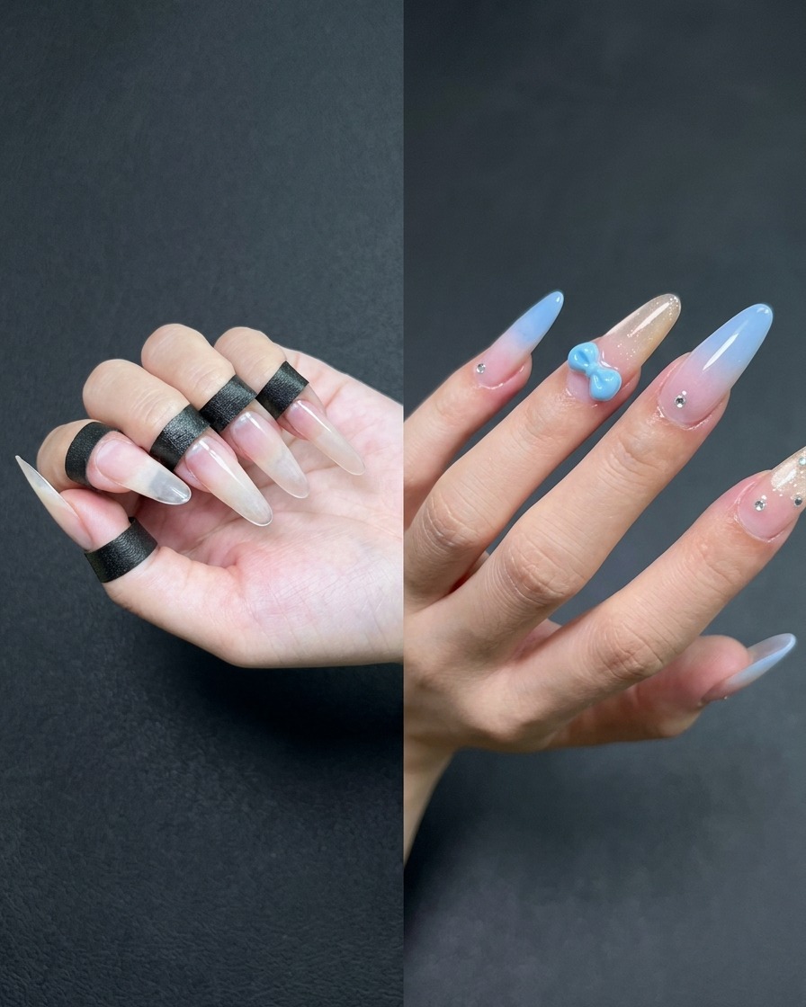 Un pincel plano aplicando gel nude translúcido sobre la superficie de la uña del dedo índice.