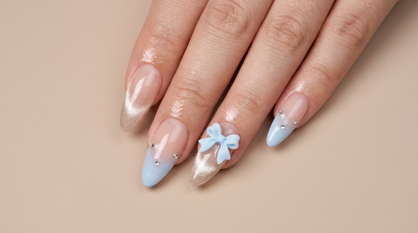 Uñas de gel con degradado azul suave y efecto ojo de gato color champán, decoradas con pedrería dispersa y un lazo 3D teñido a medida.