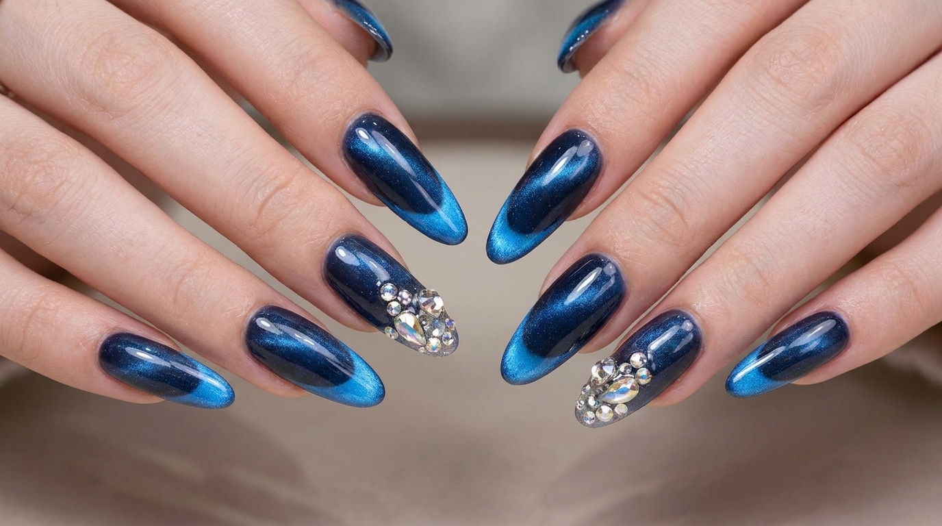 Manicura Francesa Azul Noche con Efecto Cat-Eye — Tutorial de Nail Art Sofisticado