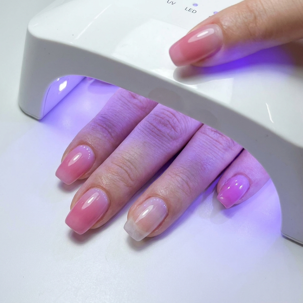 Una mano con uñas recubiertas de gel colocada dentro de una lámpara de uñas UV/LED blanca, con luz azul iluminando los dedos.