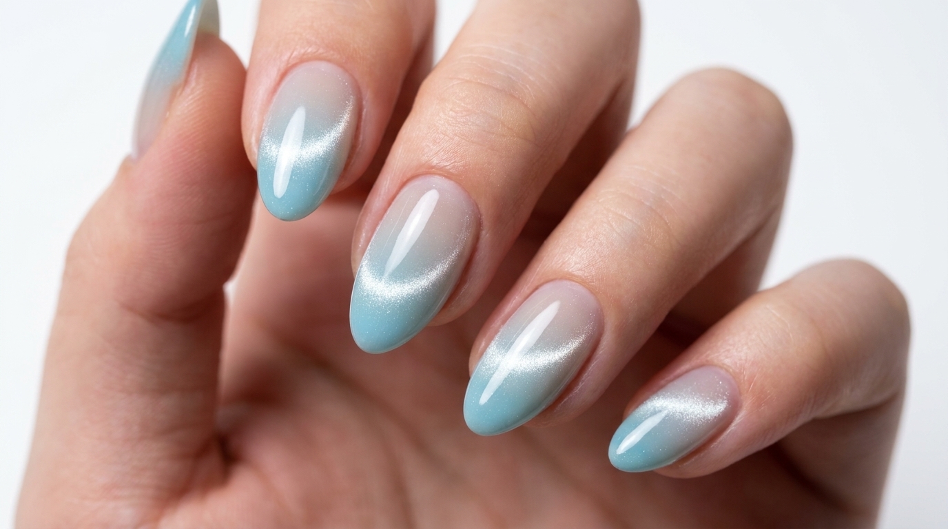 Uñas elegantes en forma de almendra con una base de degradado azul a nude y un brillo cat-eye luminoso de lado.
